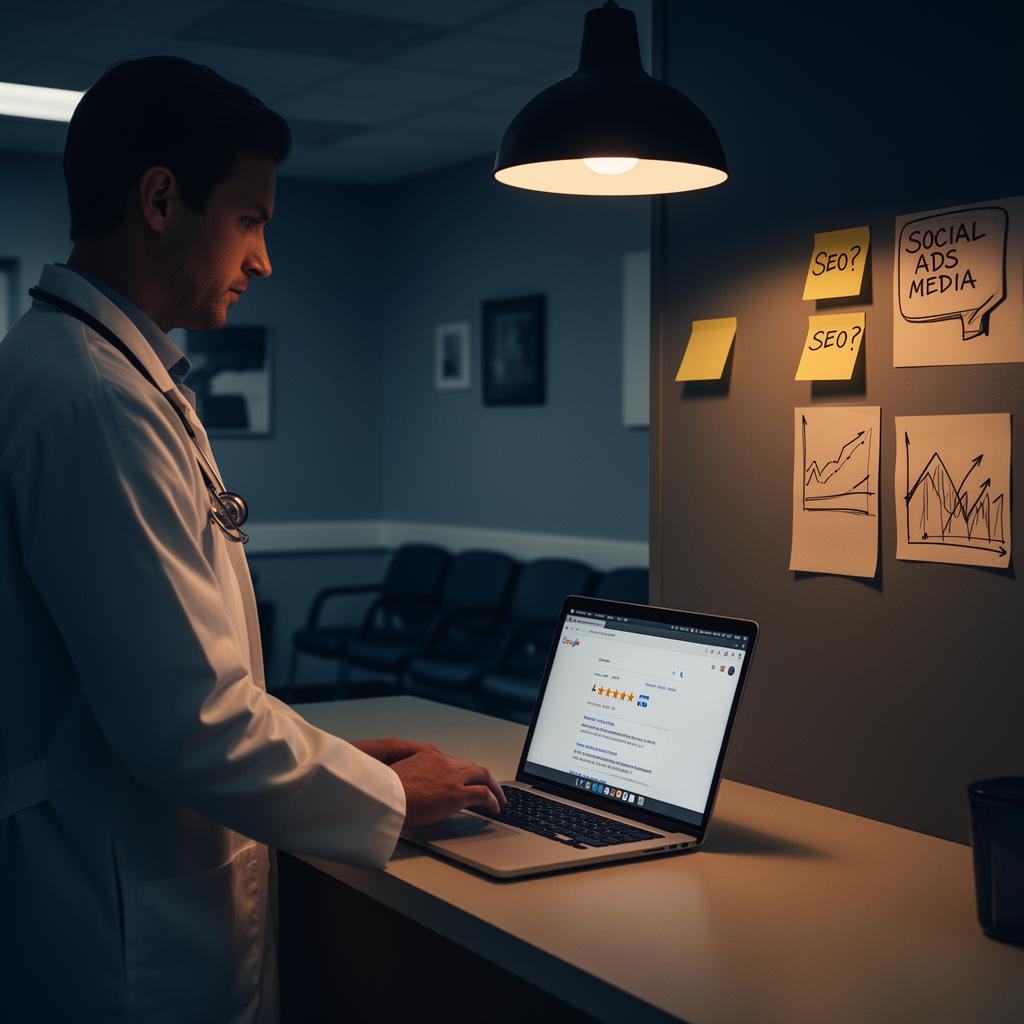 Doctor reviewing low online reviews in an empty clinic — before Ascendly